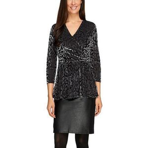 Women With Control Women's Peplum Tunic Black Velvet Wrap Front Top Small